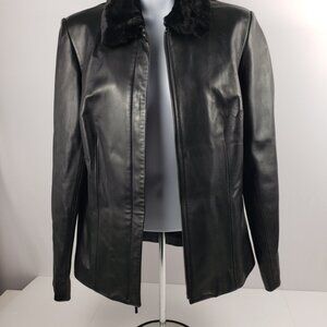 Ann Taylor S Black Leather Jacket Zipper Faux Fur Collar Lining